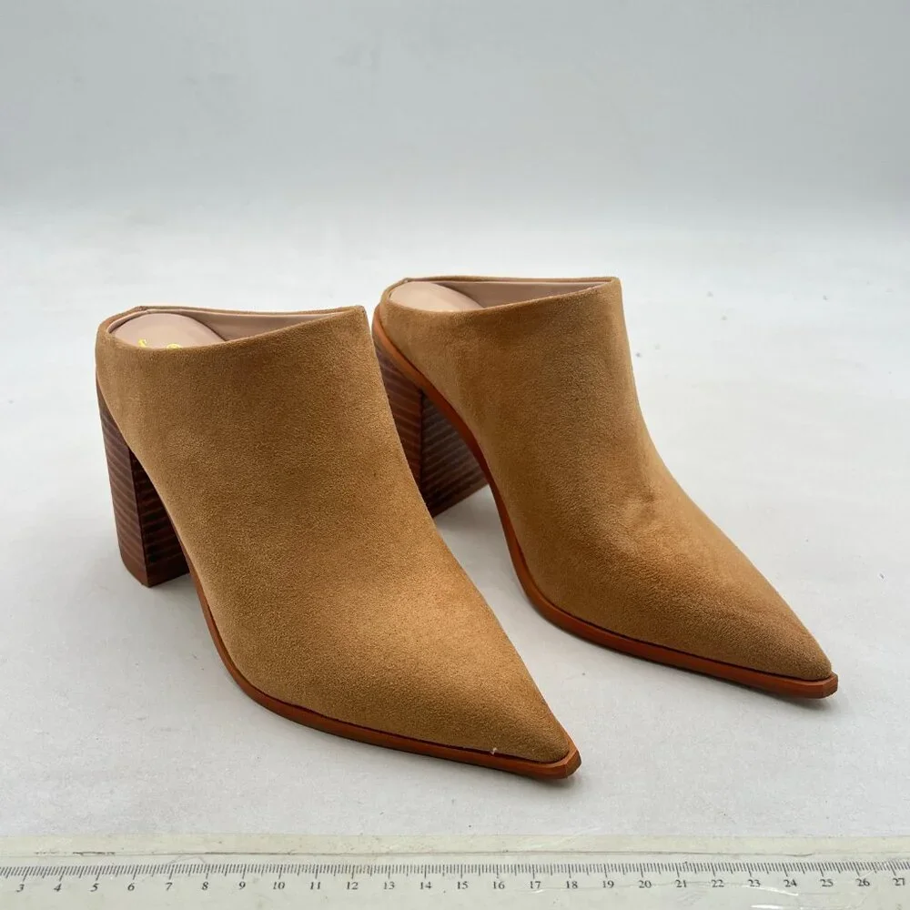 FOWT Camel Pointed Toe Slip On Mules Stacked Block High Heel Sandal Proms Shoes